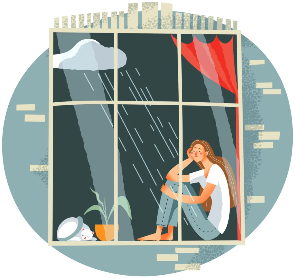 Illustration of a woman sitting by a window, looking out at the rain.