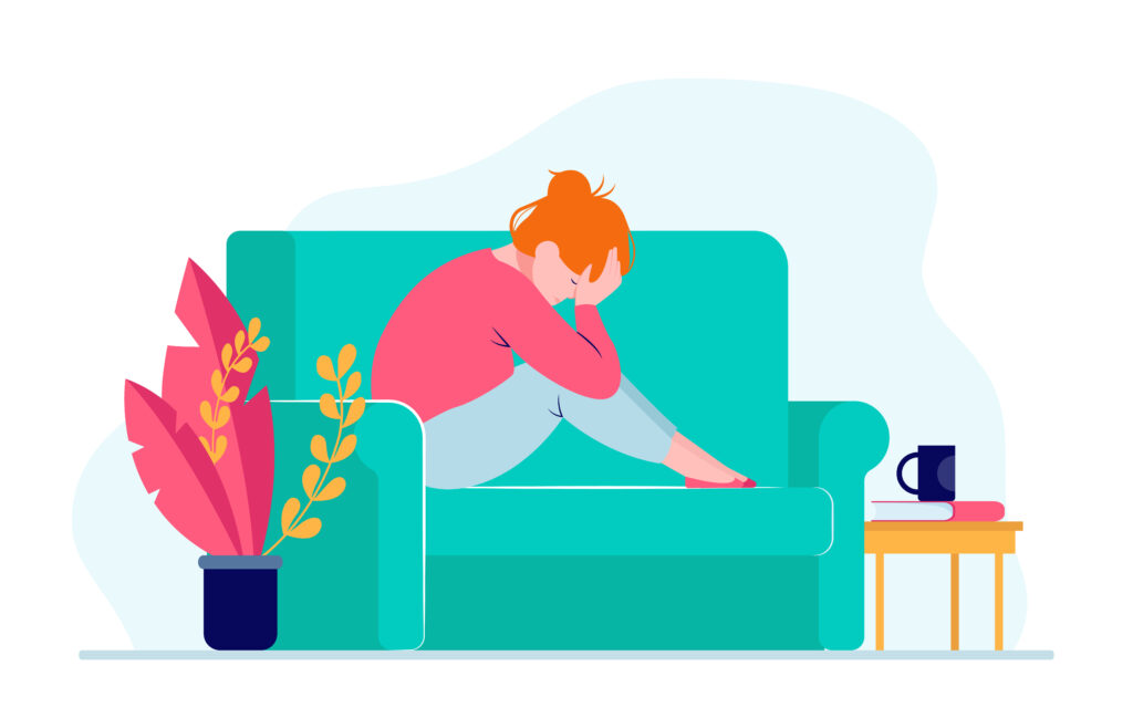 Illustration of a woman in a pink sweater resting her head on her arms while sitting on a teal sofa