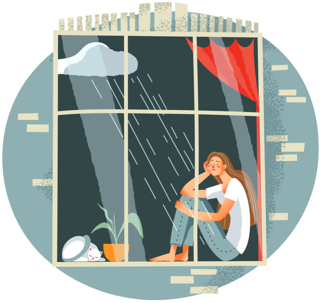 "Illustration of a woman sitting by a large window, gazing outside as it rains