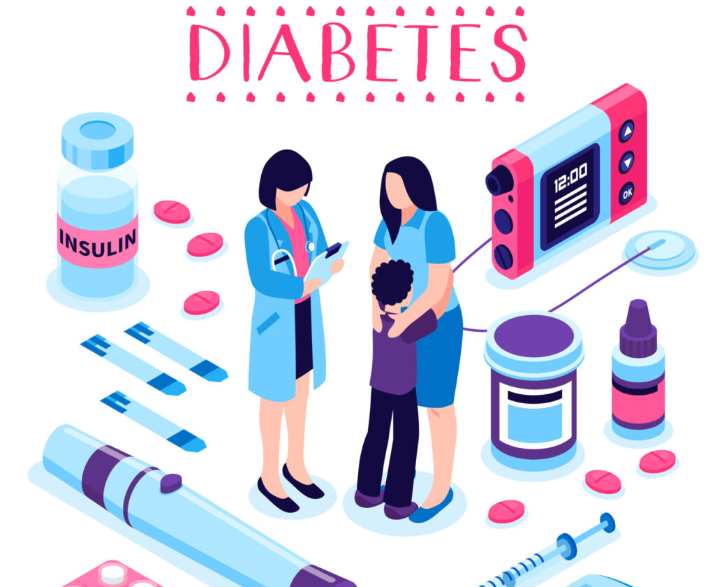 Colorful diabetes care concept with healthcare professionals, child, and various medical equipment