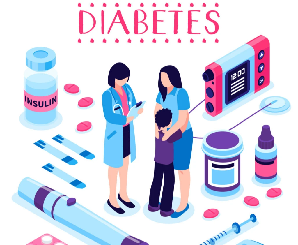 Illustration of diabetes tools and a doctor consulting a patient and child.