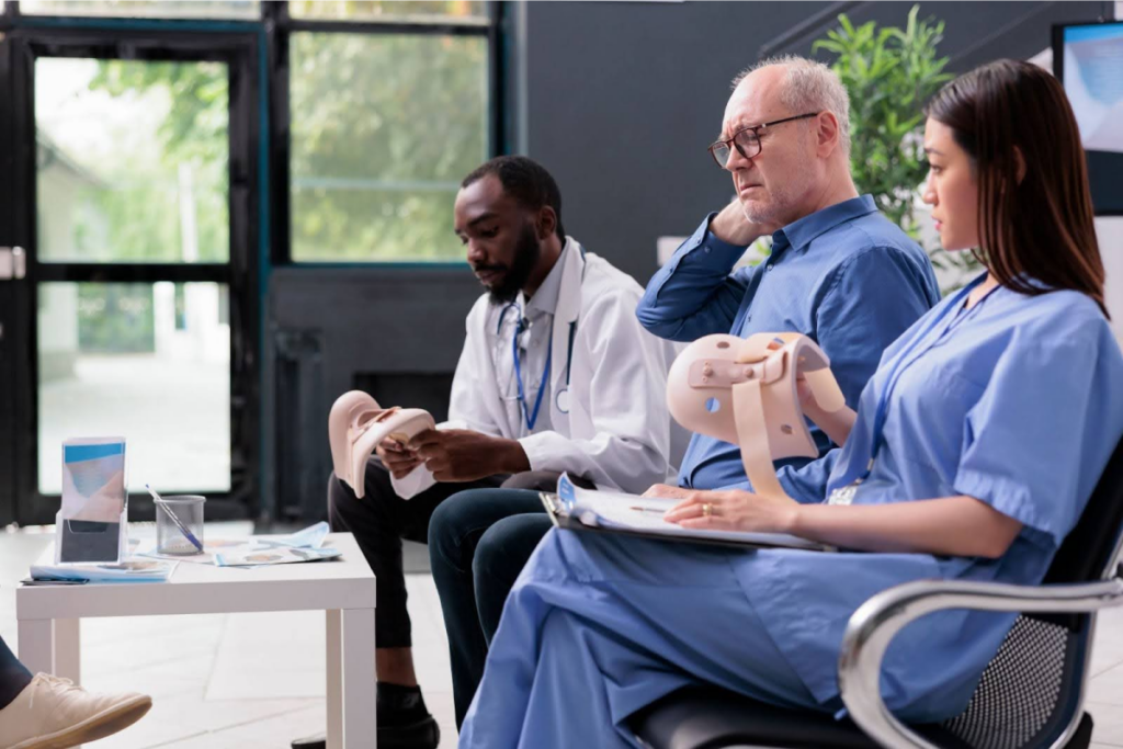 Doctors reviewing prosthetic devices.