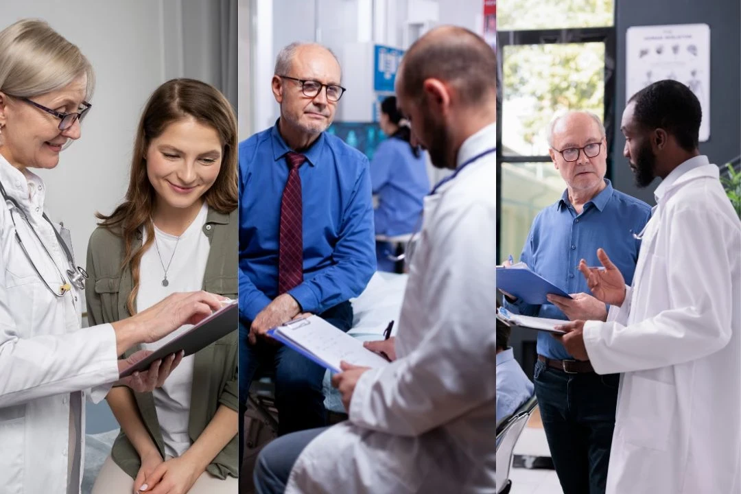 Collage of doctors consulting with patients in different medical settings.